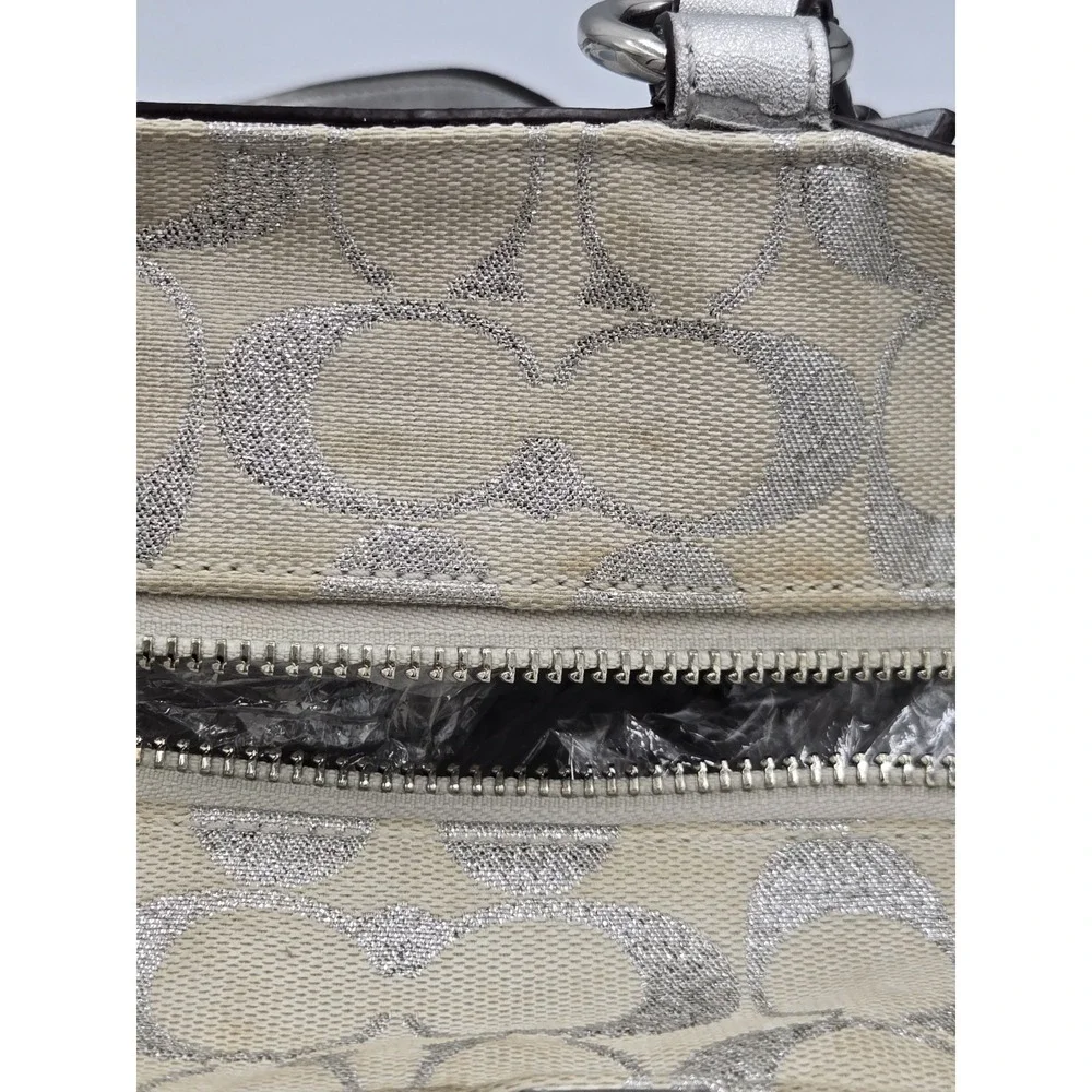Coach Patchwork Signature Canvas Tote Bag/Purse Blue Cream Silver Buckle Straps - Picture 10 of 16